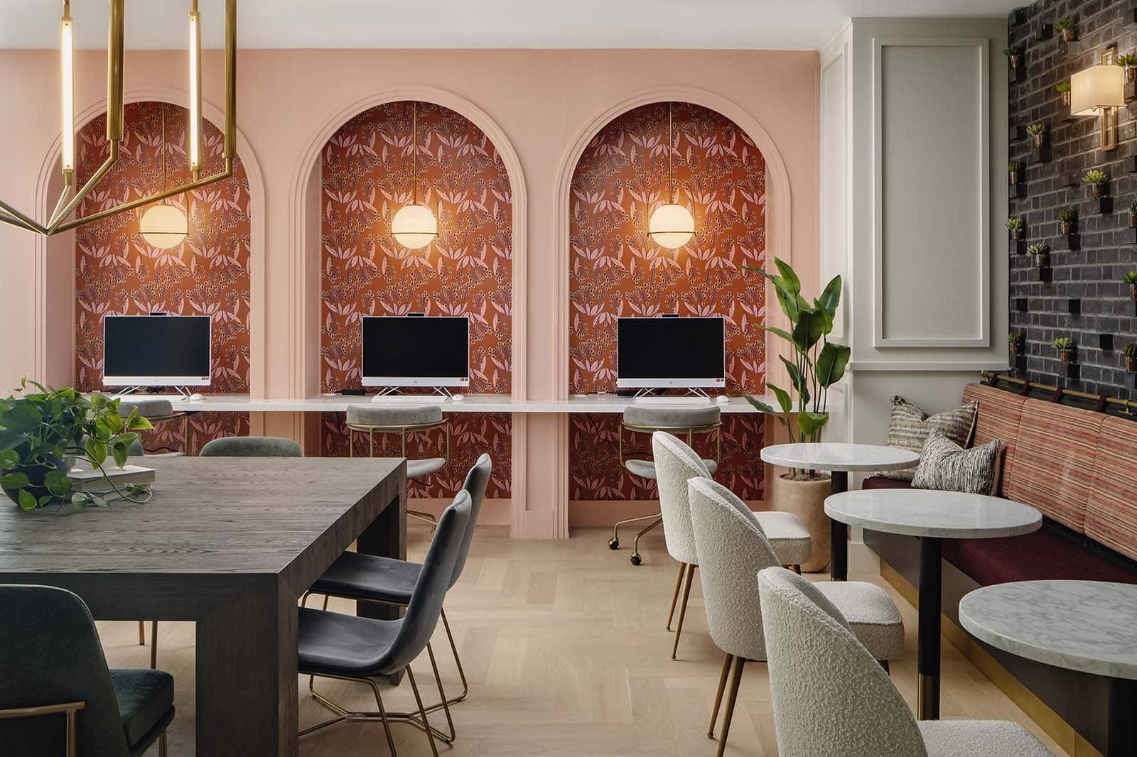 Commercial wallcovering interior with blue arches