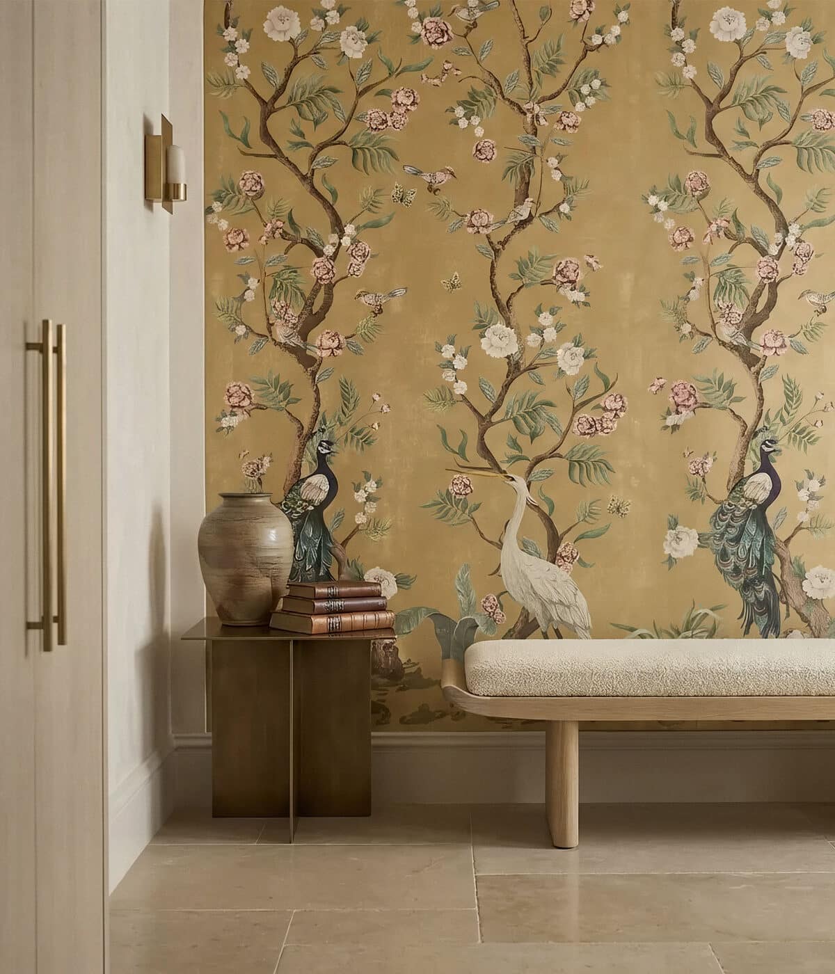 Patterned wallpaper installation in a specialty room