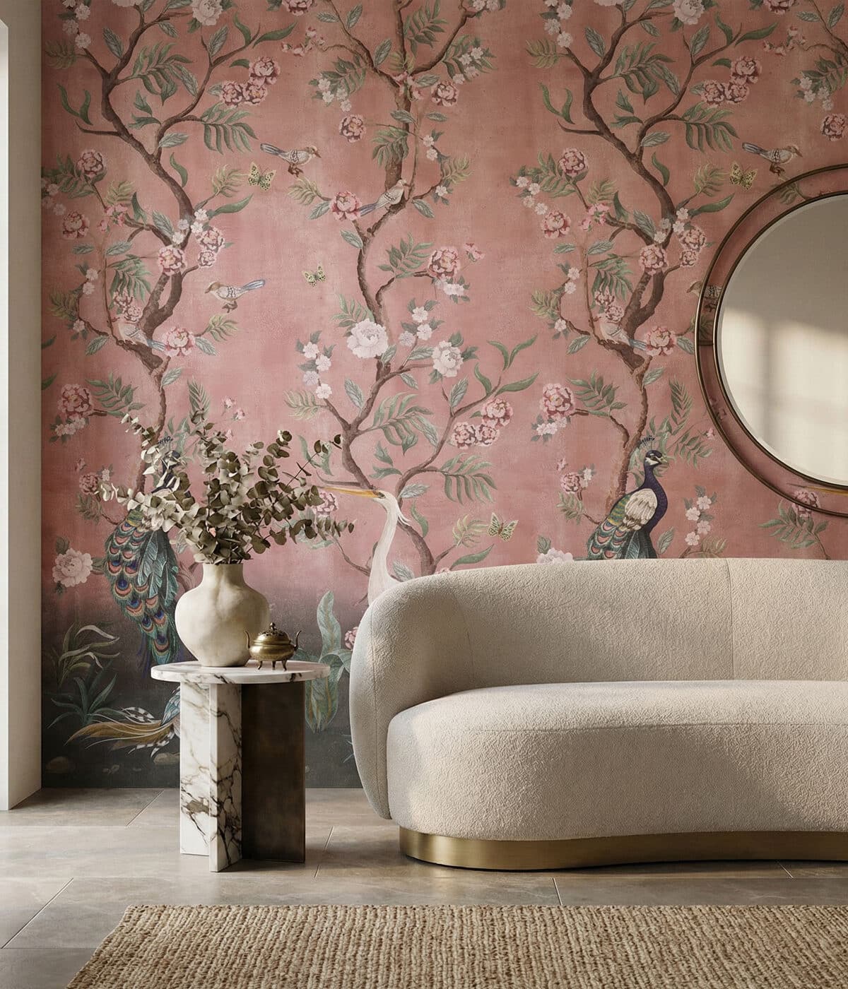 Wallpapered interior with refined material detail